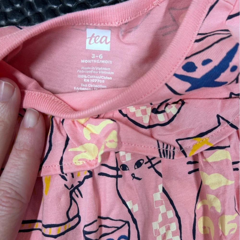 Tea Collection Ruffle Empire Baby Dress Pink Cat Cafe 3-6Months NWT